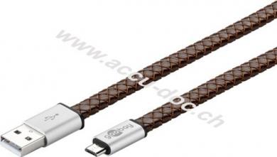 Micro USB Lade- und Synchronisationskabel, Leder, 1 m, Schwarz-Braun - edles Lederkabel für Android-Geräte, Schwarz, Braun, Silber 