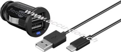 Dual-USB Auto-Ladeset USB-C™ (12 W), Schwarz, 1 m - Kfz-Ladeadapter mit 2x USB-A-Anschlüssen, USB-C™-Kabel, 1 m, schwarz 