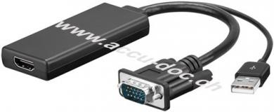 VGA/HDMI™-Adapterkabel, 0.1 m, Schwarz - VGA-Stecker (15-polig) + USB 2.0-Stecker (Typ A) > HDMI™-Buchse (Typ A) 