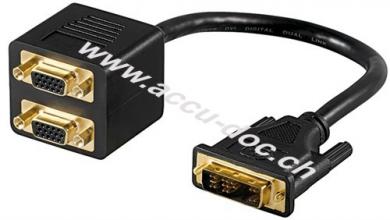 DVI/SVGA Adapterkabel, vergoldet, 0.32 m, Schwarz - DVI-A-Stecker (12+5 pin) > 2x VGA-Buchse (15-polig) 
