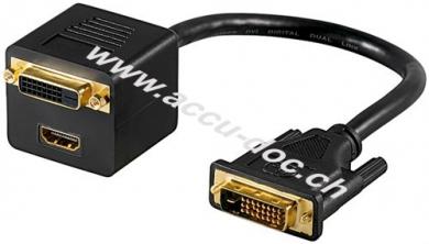 DVI/HDMI™ Adapterkabel, vergoldet, 0.1 m, Schwarz - DVI-D-Stecker Dual-Link (24+1 pin) > DVI-D-Buchse Dual-Link (24+1 pin) + HDMI™-Buchse (Typ A) 