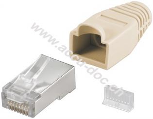 RJ45 Stecker, CAT 5e STP geschirmt mit Knickschutztülle, Beige - für Rundkabel mit Einfädelhilfe 