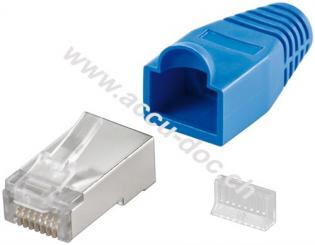 RJ45 Stecker, CAT 5e STP geschirmt mit Knickschutztülle, Blau - für Rundkabel mit Einfädelhilfe 