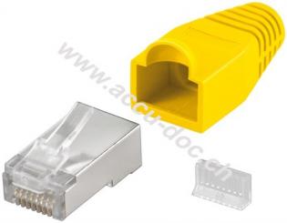 RJ45 Stecker, CAT 5e STP geschirmt mit Knickschutztülle, Gelb - für Rundkabel mit Einfädelhilfe 