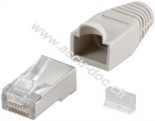 RJ45-Stecker, CAT 5e STP geschirmt mit Knickschutztülle, Grau - für Rundkabel, mit Einfädelhilfe 