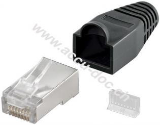 RJ45-Stecker, CAT 5e STP geschirmt mit Knickschutztülle, Schwarz - für Rundkabel, mit Einfädelhilfe 