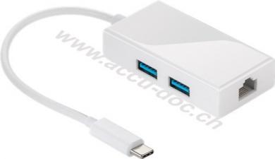 USB-C™ Multiport-Adapter USB 3.0, RJ45, weiß, 1 Stk. im Plastikbeutel - gleichzeitiger Ethernet Anschluss und 2 x USB 3.0 A-Buchse auf USB-C™ Stecker 