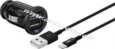 Apple Lightning Auto-Ladeset (12 W), Schwarz, 1 m - Kfz-Ladeadapter mit 2x USB-Anschlüssen, Apple Lightning-Kabel, 1 m, schwarz 