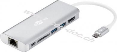 USB-C™-Multiport-Adapter HDMI 4k30Hz, USB, CR, RJ45, PD, Alu, silber - erweitert ein USB-C™ Gerät um einen Ethernet-, ein HDMI™-, zwei USB 3.0- und einen USB-C™-Anschluss 