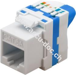 Keystone Modul RJ45 CAT 6A, UTP, Weiß-Blau - 16,7 mm breit, Klemmleiste für LSA Montage (werkzeugfrei), drehbarer Aufsatz 
