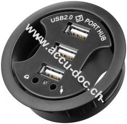 3-fach USB 2.0 Hi-Speed Einbau-HUB/Verteiler + Audio, Schwarz, 1.5 m - zum Einbau in 60 mm Tischdurchführungen mit Audio-Anschluss 
