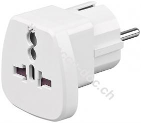 Reiseadapter Welt auf EU, Weiß - Schutzkontaktstecker (Typ F, CEE 7/7) > UK-Buchse, Schweiz-Buchse (Typ J, SEV 1011), Italien-Buchse (Typ L, CEI 23-16-VII), US-/Japan-Buc 