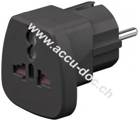 Reiseadapter Welt auf EU, Schwarz - Schutzkontaktstecker (Typ F, CEE 7/7) > UK-Buchse, Schweiz-Buchse (Typ J, SEV 1011), Italien-Buchse (Typ L, CEI 23-16-VII), US/Japan-B 