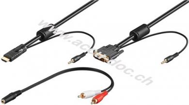 DVI/HDMI™ Kabel mit Audioleitung, vergoldet, 2 m, Schwarz - mit 2x Audio-Leitung 3,5 mm Stereo und Adapter 3,5 mm > 2x Cinchstecker (audio) 