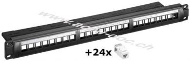 19-Zoll (48,3 cm) Keystone Patch Panel Leergehäuse Set (1 HE), Schwarz - inkl. 24x CAT-6-Module (UTP) 