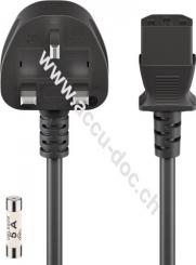 UK - Kaltgerätekabel, 0,5 m, Schwarz, 0.5 m - UK 3-Pin-Stecker (Typ G, BS 1363) > Gerätebuchse C13 (Kaltgeräteanschluss) 