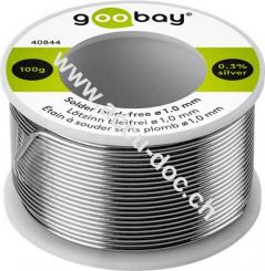 Lötzinn bleifrei, ø 1,0 mm, 100 g - Zusammensetzung: 0,3 % Silber, 0,7 % Kupfer, 99 % Zinn, Flussmittelanteil: 2,5 %, Schmelzpunkt 217° C 