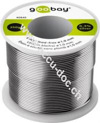 Lötzinn bleifrei, ø 1,0 mm, 250 g - Zusammensetzung: 0,3 % Silber, 0,7 % Kupfer, 99 % Zinn, Flussmittelanteil: 2,5 %, Schmelzpunkt 217° C 