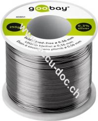 Lötzinn bleifrei, ø 0,56 mm, 250 g - Zusammensetzung: 0,3 % Silber, 0,7 % Kupfer, 99 % Zinn, Flussmittelanteil: 2,5 %, Schmelzpunkt 217° C 