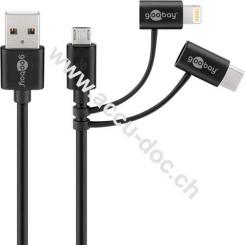 3in1 Kombi-Kabel, Schwarz, 1 m - mit Micro USB, USB-C™ und Apple Lightning Anschluss 