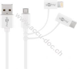 3in1 Kombi-Kabel, Weiß, 1 m - mit Micro USB, USB-C™ und Apple Lightning Anschluss 