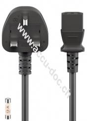 UK - Kaltgerätekabel, 3 m, Schwarz, 3 m - UK 3-Pin-Stecker (Typ G, BS 1363) > Gerätebuchse C13 (Kaltgeräteanschluss) 