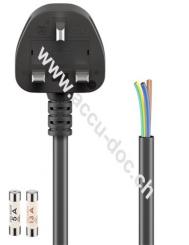 UK - Geräteanschlusskabel, 3 m, Schwarz, 3 m - UK 3-Pin-Stecker (Typ G, BS 1363) > lose Kabelenden 3-polig 