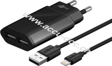 Apple Lightning Dual Ladeset 2,4 A, Schwarz, 1 m - Netzteil mit 2x USB-Buchse und Apple Lightning-Kabel 