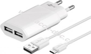 Micro USB Dual Ladeset 2,4 A, Weiß, 1 m - Netzteil mit 2x USB-Buchse und Micro USB Kabel 1m (Weiß) 