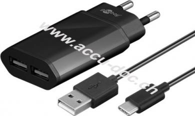 USB Type-C™ Dual Ladeset 2,4 A, Schwarz, 1 m - Netzteil mit 2x USB-Buchse und USB Type-C™ Kabel 