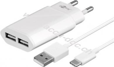 USB Type-C™ Dual Ladeset 2,4 A, Weiß, 1 m - Netzteil mit 2x USB-Buchse und USB Type-C™ Kabel 