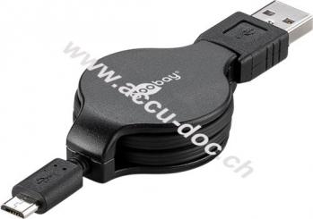 Micro USB Lade- und Synchronisationskabel, ausziehbar, Schwarz, 1 m - für Android-Geräte, Schwarz 