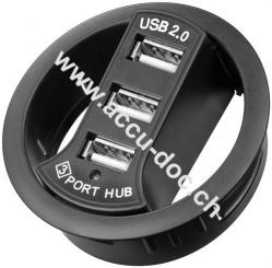 3-fach USB 2.0 Hi-Speed Einbau-HUB/Verteiler, Schwarz - zum Einbau in 60 mm Tischdurchführungen 