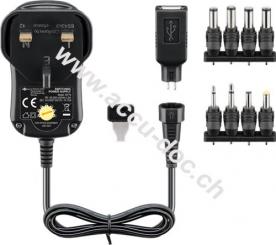 UK - 3 V - 12 V Universal-Netzteil, 1 A, Schwarz, 1.8 m - inkl. 1 USB- und 8 DC-Adapter - max. 12 W und 1 A 