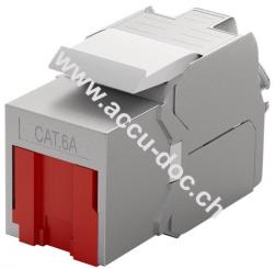 Keystone Modul RJ45 CAT 6A, STP, mit Staubschutzblende, Rot - 15,8 mm Breite, Krokodil-Typ, Klemmleiste für LSA Montage (werkzeugfrei) 