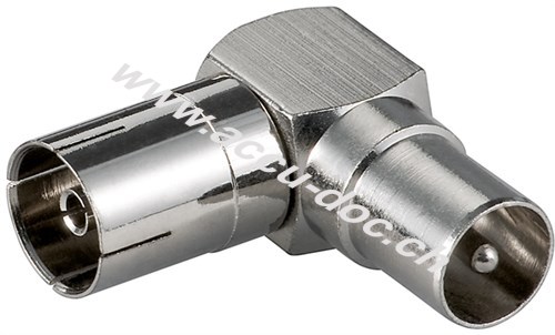 Koax-Winkeladapter: Koax-Buchse > Koax-Stecker 90° - Adapter-Stecker aus Metall 