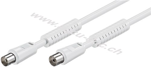 Antennenkabel mit Ferrite (80 dB), 2x geschirmt, 2.5 m, Weiß - Koax-Stecker > Koax-Buchse (vollständig geschirmt) 