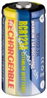 Rechargeable RCR123 () - 500 mAh Batterie, 1 Stk. Karton, blau-gelb - Lithium-Ionen Akku (Li-Ion), 3 V 