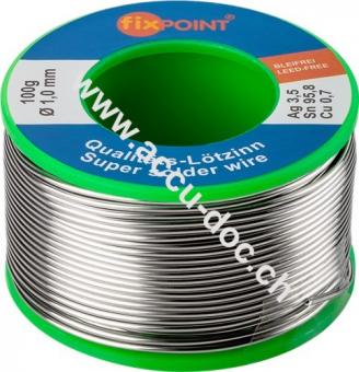 Profi-Lötzinn bleifrei, ø 1,0 mm, 100 g - Zusammensetzung: 3,5 % Silber, 0,7 % Kupfer, 95,8 % Zinn, Flussmittelanteil: 2,5 %, Schmelzpunkt 217 °C 