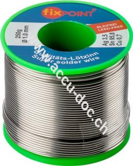 Profi-Lötzinn bleifrei, ø 1,0 mm, 250 g - Zusammensetzung: 3,5 % Silber, 0,7 % Kupfer, 95,8 % Zinn, Flussmittelanteil: 2,5 %, Schmelzpunkt 217° C 