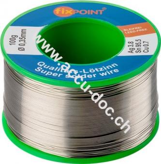 Profi-Lötzinn bleifrei, ø 0,35 mm, 100 g - Zusammensetzung: 3,8 % Silber, 0,7 % Kupfer, 95,5 % Zinn, Flussmittelanteil: 2,5 %, Schmelzpunkt 217° C 