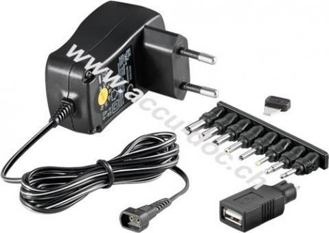 Universal-Netzteil (3 V - 12 V  max. 7,2 W / 0,6 A), Schwarz, 1.8 m - inkl. 1x USB- und 8x DC-Adapter 