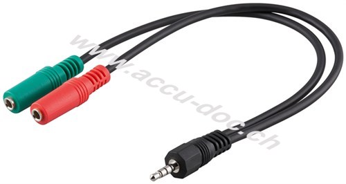 PC Headset Adapter, 1x 3,5 mm AUX 4-pol. zu 2x 3,5 mm AUX 3-pol, 0.3 m, Schwarz - Klinke 3,5 mm Stecker (4-Pin, stereo) > 2x Klinke 3,5 mm Buchse (3-Pin, stereo) 