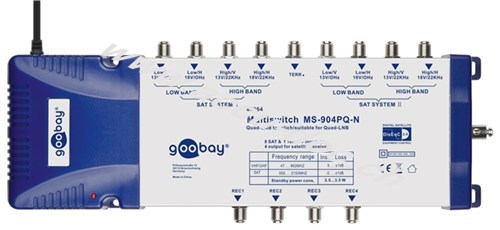 SAT-Multischalter 9 Eingänge/4 Ausgänge, Blau-Silber - Verteiler für max. 4 Teilnehmer von zwei Satelliten 