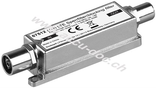 LTE/4G Sperrfilter, Koax-Stecker auf Koax-Buchse, Koax-Stecker - für störungsfreien DVB-T- / DVB-T2-HD-Empfang 