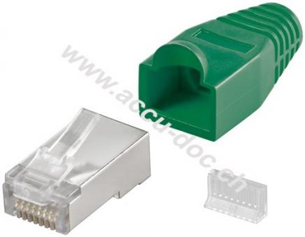 RJ45-Stecker, CAT 5e STP geschirmt mit Knickschutztülle, Grün - für Rundkabel, mit Einfädelhilfe 