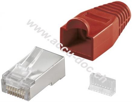 RJ45-Stecker, CAT 5e STP geschirmt mit Knickschutztülle, Rot - für Rundkabel, mit Einfädelhilfe 