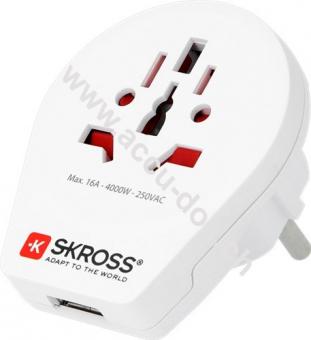 Country Adapter World to Europe USB, Weiß - geeignet für alle geerdeten und ungeerdeten Geräte (2- und 3-polig), mit integriertem USB-Ladegerät 