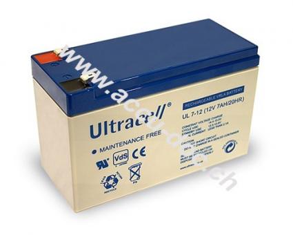 UL Bleiakku 12 V, 7 Ah (UL7-12), weiß-blau - Faston (4,8 mm) Bleiakku, VdS 