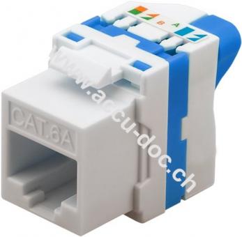 Keystone Modul RJ45 CAT 6A, UTP, Weiß-Blau - 16,7 mm breit, Klemmleiste für LSA Montage (werkzeugfrei), drehbarer Aufsatz 